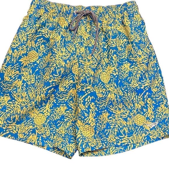 Mens‎ Speedo Swim Suit Trunks Shorts Lined Size Small Blue Yellow Pineapple - Picture 2 of 7